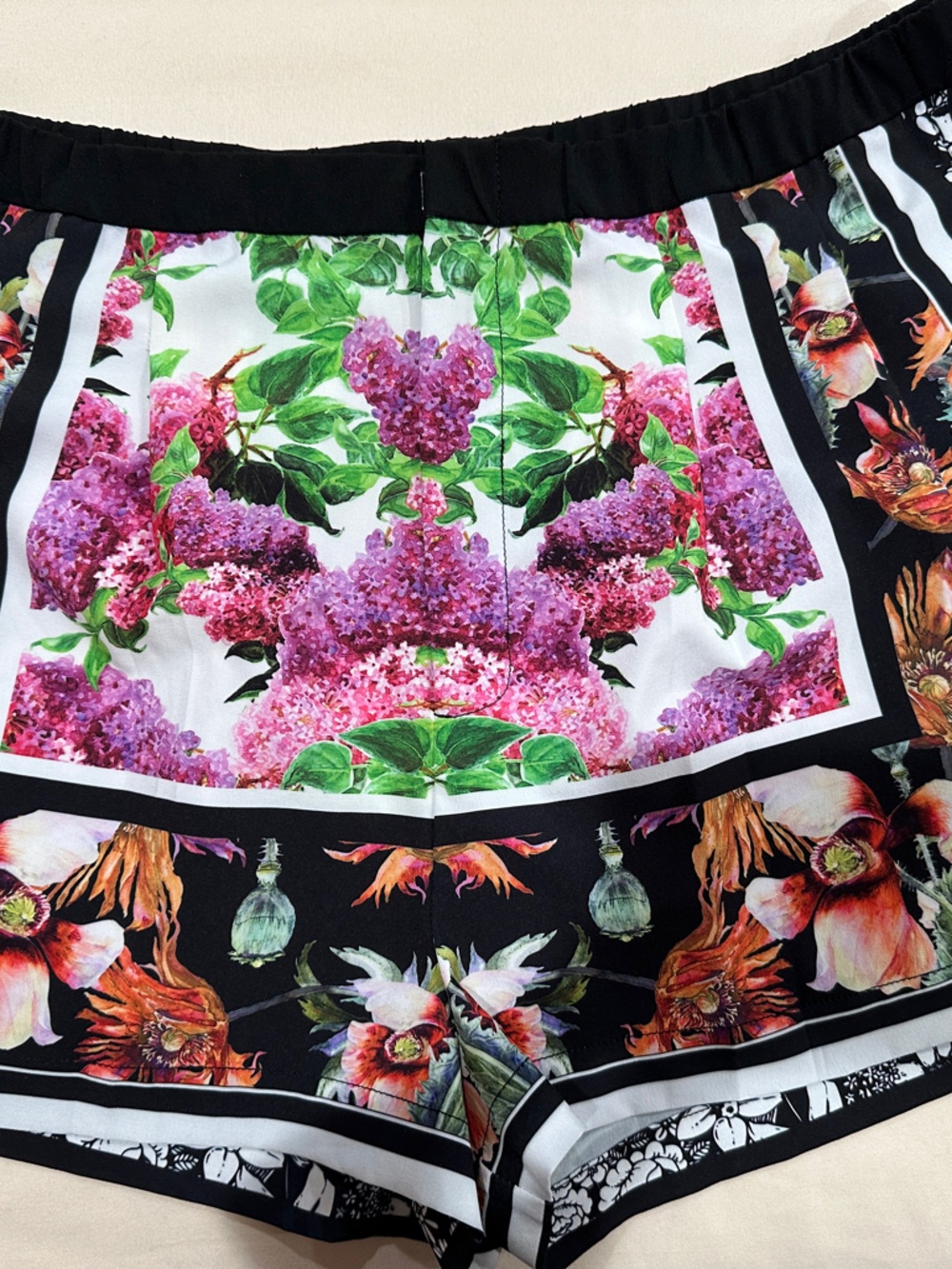 Clover Canyon Black, Purple & Orange Floral Satin Shorts